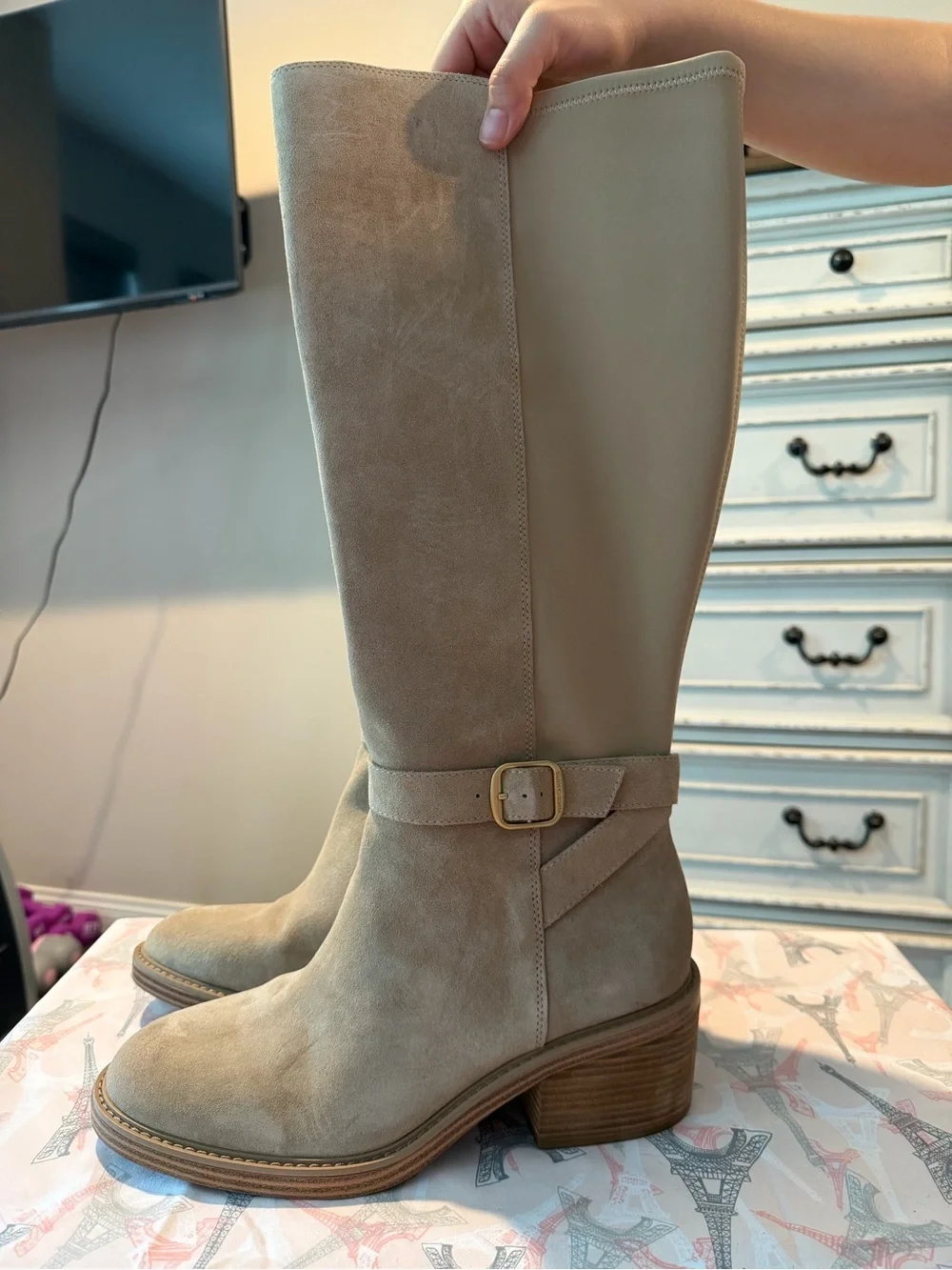Vince Camuto Taupe Suede Over-The-Knee Boots with Gold Buckle